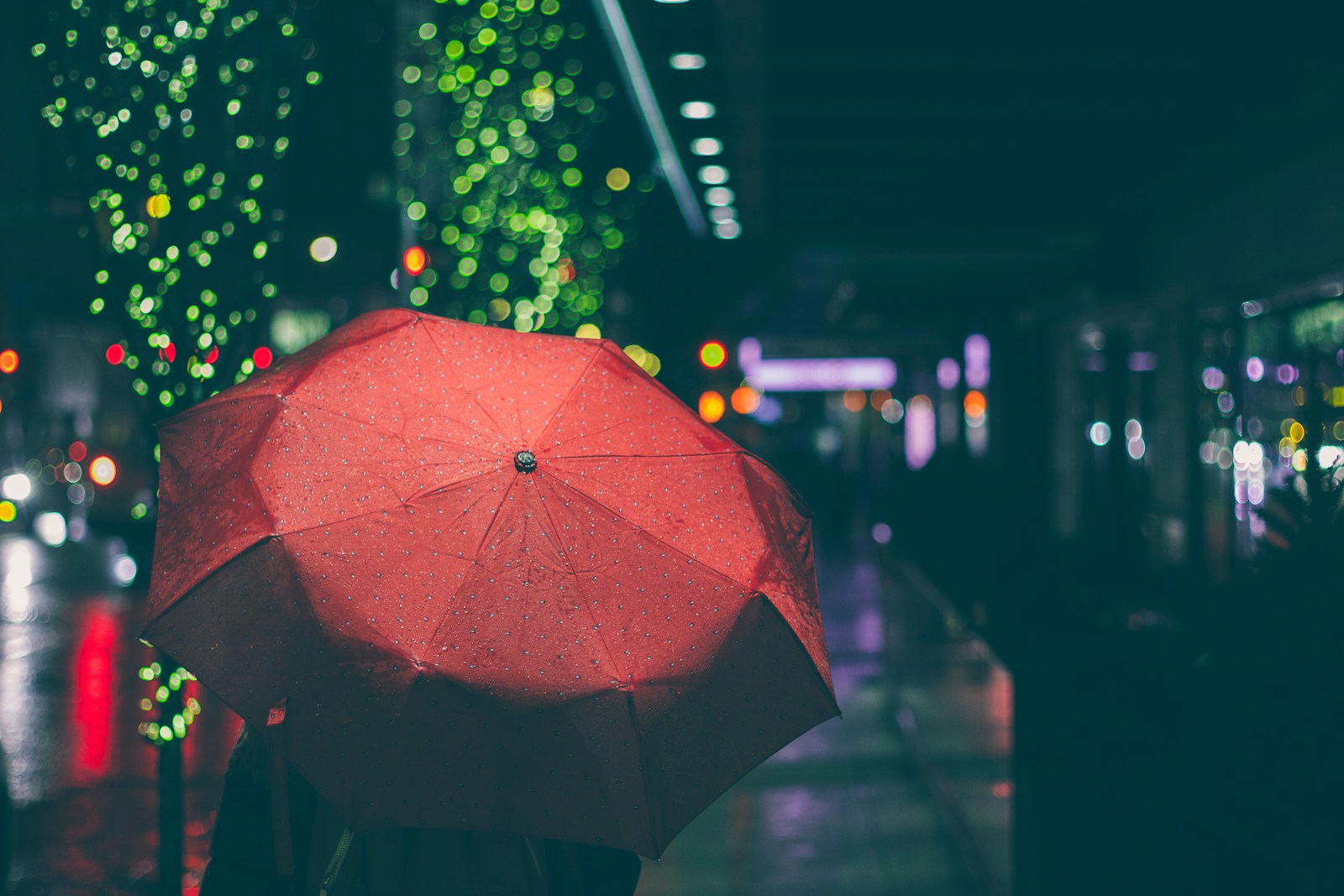 person with red umbrella walking on street during nighttime